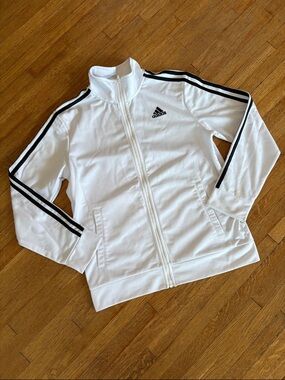 adidas Kid’s Large Bright White Full-Zip Jacket with Black Stripe Detail